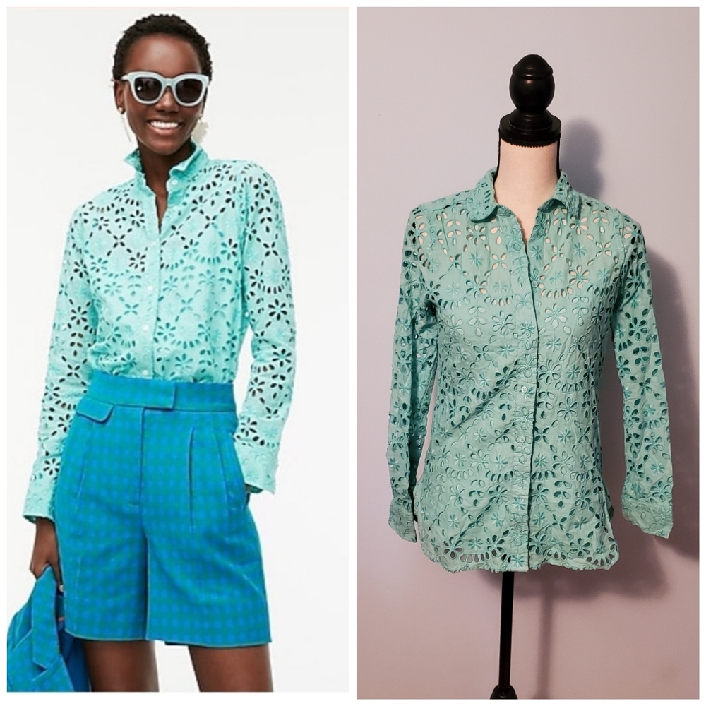 J. Crew Classic Bright Spearmint Green Embroidered Eyelet Button-Down Blouse - Picture 15 of 15